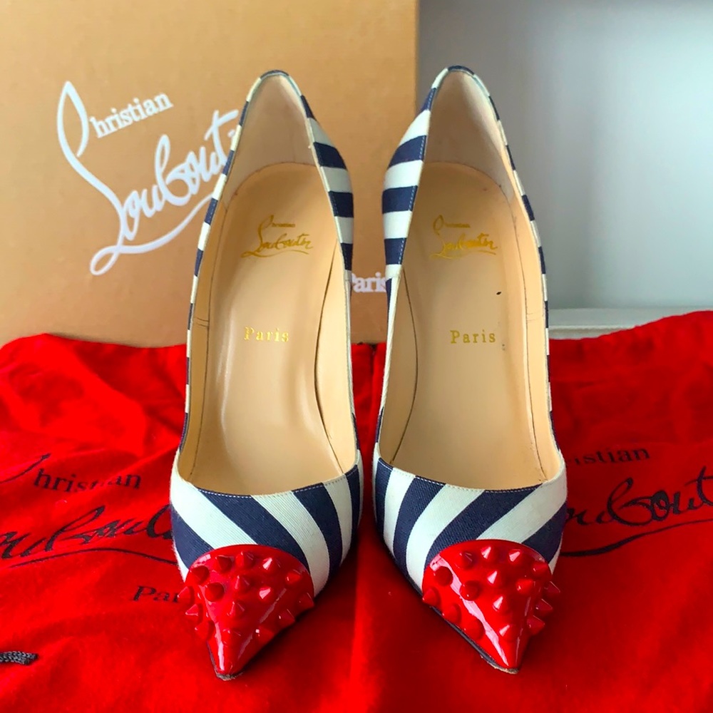 Rare Christian Louboutin Geo Spike Point-Toe Striped Pump in Red/Navy- Size 39